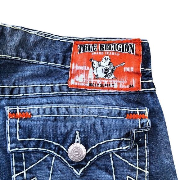 True Religion Jeans Size 38 RICKY SUPER T Blue Trashed Painter Denim - Picture 9 of 9